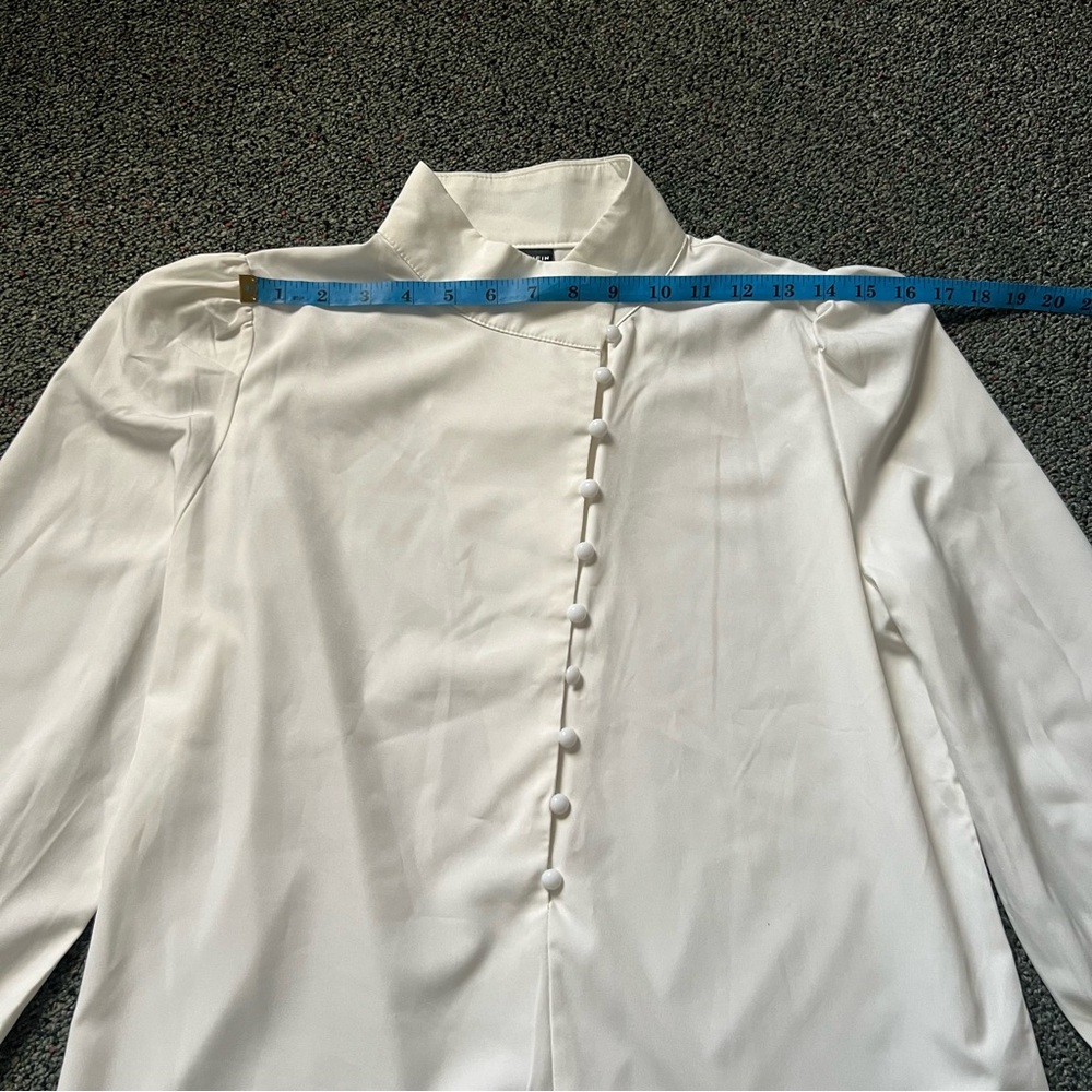 Off-White High Mock-Neck Long Sleeve Modest Asymmetrical Button Dow Shirt Blouse - Picture 15 of 16